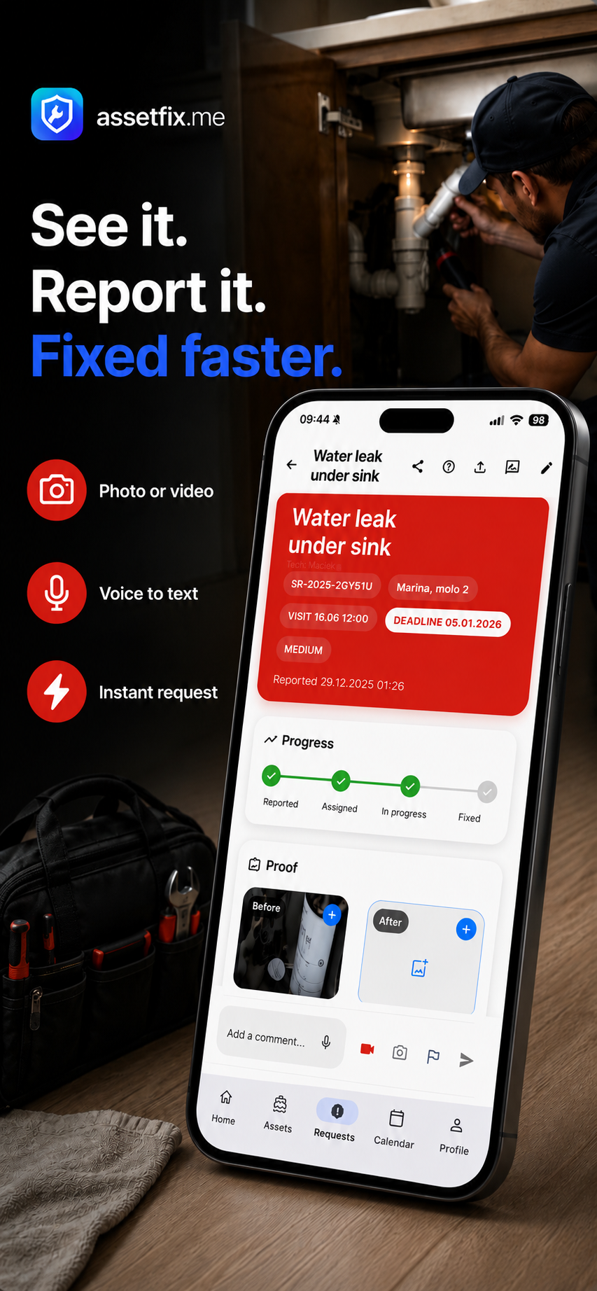 Water leak request marketing screen