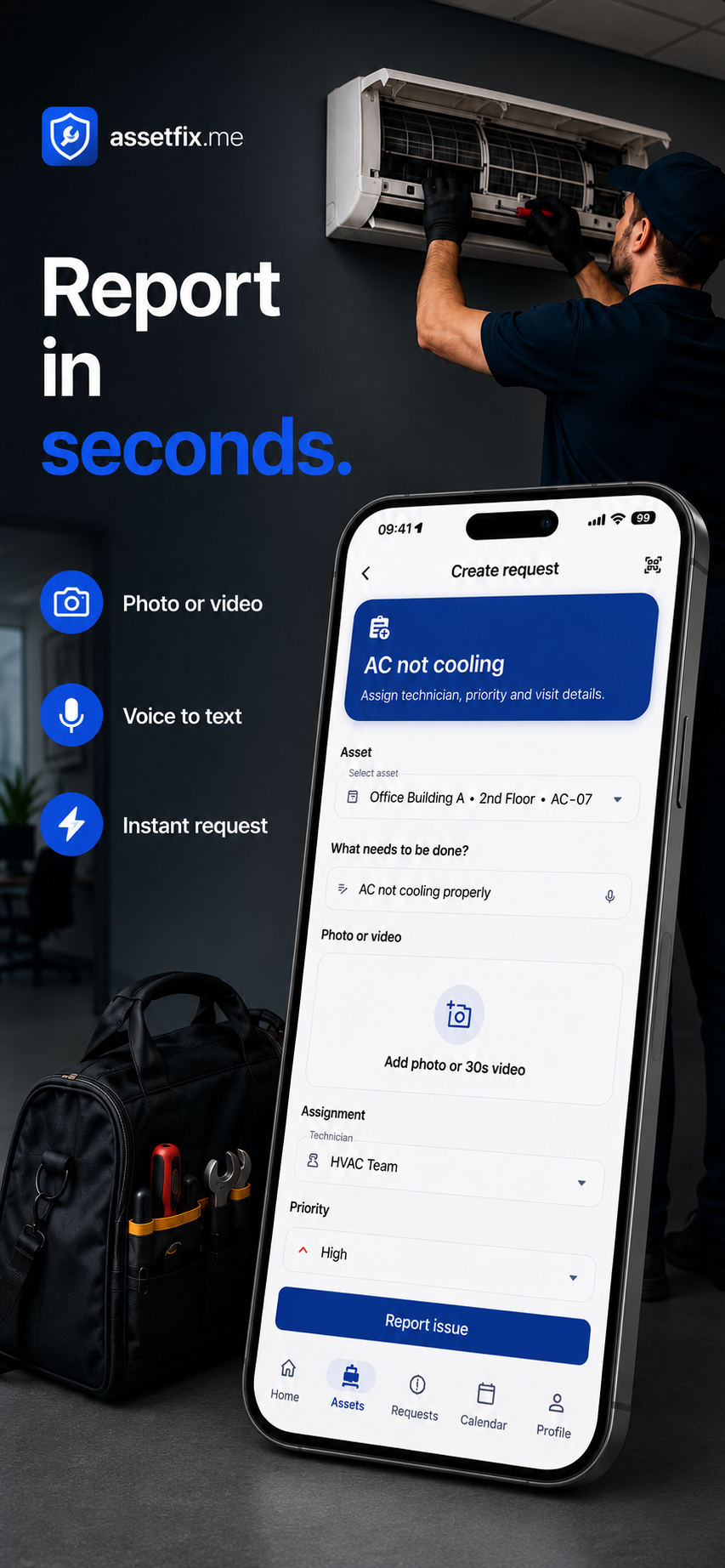Report issue in seconds marketing screen