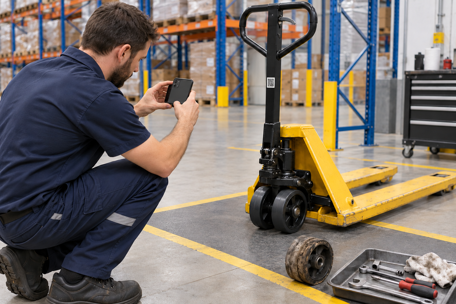 Technik fotografuje opravené koleso paletového vozíka